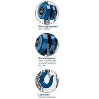 360° drehbare Befestigungskopf für Kettenzug; Rücklaufsperre gegen ungewolltes Absenken der Last; Lasthaken mit Sicherheitsbügel