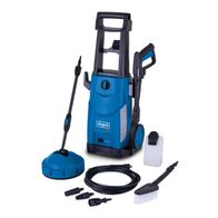 The Scheppach HCE2600 Electric Pressure Washer with 180 bar pressure, 2400W power, 5m hose and extensive accessory kit. Includes various nozzles, a brush and a detergent container.