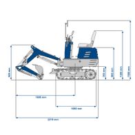 Technische Zeichnung der Abmessungen eines Mini-Baggermodells mit Kettenantrieb und Kettenlaufwerk