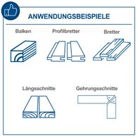 Anwendungsbeispiele für die Tischkreissäge HS110: Balken, Profilbretter und Bretter. Längsschnitte und Gehrungsschnitte mit 45°-Winkeln möglich. Ideal für präzise Holzverarbeitung.