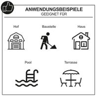 Anwendungsbeispiele für Hochdruckreiniger: Hofreinigung, Baustellenabrieb, Poolreinigung und Terrassenpflege mit Scheppach-Hochdruckreiniger.