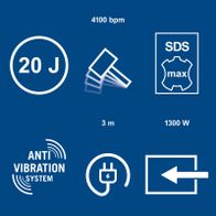 Wichtige Leistungsmerkmale des Elektro-Bohrhammers: 1500 Watt, 4100 U/min, 20 Joule, SDS-Max, 3 Meter Reichweite Anti-Vibrationssystem, 1300 Watt, Wechselstromanschluss, Rückwärtslauf