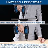 Der Akku-Bohrschrauber BC-DD60-X bietet hohe Leistung mit einem maximalen Drehmoment von 60 Nm und einer 2in1-Funktion für Schraub- und Bohrarbeiten.