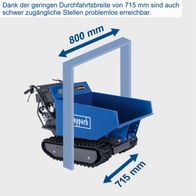 Scheppach-Kettendumper mit 715 mm Durchfahrtsbreite und 800 mm Höhe für leichte Zugänglichkeit