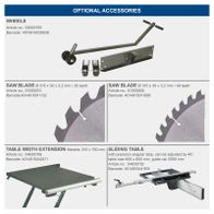 Accessories for the Precision Table Saw Precisa 6.0 by Scheppach. Includes wheels, saw blades, table width extension, and a sliding table with precision angular stop. Article numbers and barcodes are listed.