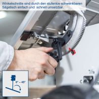 Die Bandsäge HBS261 von Scheppach ermöglicht einfache und schnelle Winkelschnitte durch den stufenlos schwenkbaren Sägetisch. Der Tisch kann zwischen 0° und 45° eingestellt werden.