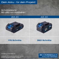 Scheppach Akku-Kettensäge mit Leistungsangaben für 20V-Batterien: 175 bzw. 350 Schnitte bei 2 Ah bzw. 4 Ah Batterien