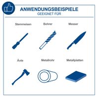 Anwendungsbeispiele für den Doppelschleifer HG35 Scheppach: geeignet für Stemmeisen, Bohrer, Messer, Äxte, Metallrohre und Metallplatten.