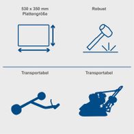 Plattengröße von 530 x 350 Millimetern, robuste und transportable Rüttelplatte mit Gewichtsangaben und Transportillustrationen