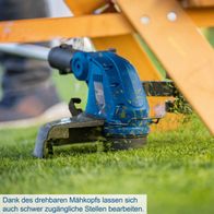Der Akku-Rasentrimmer C-LT300-X von Scheppach hat einen drehbaren Mähkopf, der auch schwer zugängliche Stellen bearbeiten lässt.