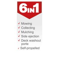 The petrol lawnmower MS175-51 Scheppach offers the following features: mowing, collecting, mulching, side ejection, deck washout and self-propelled.