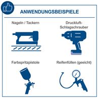 Anwendungsbeispiele für Werkzeuge: Nageln/Tackern, Druckluftschraubwerkzeug, Reifen auffüllen, Farbspritzpistole