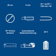 Technische Merkmale: 10-Zoll-Kettensäge mit automatischer Ketten Schmierung, 20V, 6 m/s Schnittgeschwindigkeit, 20 cm Schärfmaß, 1,09 mm Kettenstichabstand