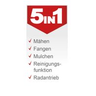 Der Benzin Rasenmäher MS150-42E Scheppach bietet folgende Funktionen: Mähen, Fangen, Mulchen, Reinigungsfunktion und Radantrieb.