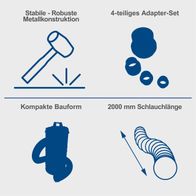 Die Absauganlage DC100 von Scheppach verfügt über eine stabile und robuste Metallkonstruktion, ein 4-teiliges Adapter-Set, eine kompakte Bauform und eine Schlauchlänge von 2000 mm.