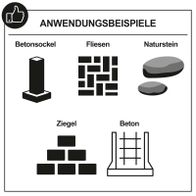 Das Bild zeigt Anwendungsbeispiele für verschiedene Materialien: Betonsockel, Fliesen, Naturstein, Ziegel und Beton. Diese Materialien können mit dem Scheppach-Tool bearbeitet werden.