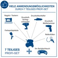 Das Kompressor HC55DC Profi Set von Scheppach umfasst sieben Teile: Nagelgerät/Tacker, Druckluft-Schlagschrauber, Druckluftschleifer, Druckluft-Meißelhammer, Farbspritzpistole, Reifenfüller und einen 5m Spiralschlauch. Ideal für vielfältige Anwendungen.
