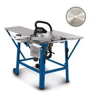 Table saw TS310 by Scheppach with 230V, 83mm cutting height, sliding table, 2 saw blades and extension. The saw blades have a diameter of 315mm and can be tilted at 45°. The table surface measures 55x80cm.