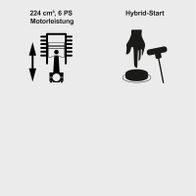 Der Benzin Rasenmäher PLM530-225E Scheppach hat einen 224 cm³ großen Motor mit 6 PS Leistung und einen Hybrid-Start. Der Motor ist mit einem Radantrieb verbunden.