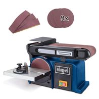 Der Band- und Tellerschleifer BTS800 von Scheppach inkludiert ein 12-teiliges Schleifbandset. Das Set enthält 9 Teller- und 3 Bandschleifmittel.