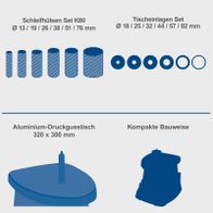Größenangaben für Schleifhülsen und -scheiben sowie Aluminium-Druckgusstisch mit Maßen