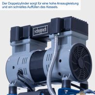 Der Scheppach Kompressor HC26Si verfügt über einen Doppelzylinder für hohe Ansaugleistung und schnelles Auffüllen des Kessels.
