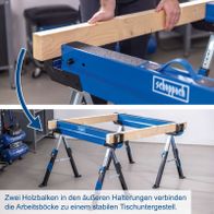 Zwei Holzlatten in den äußeren Halterungen für stabilen Tischunterbau verbinden