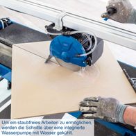 Der Fliesenschneider FS3600 von Scheppach ermöglicht staubfreies Arbeiten durch eine integrierte Wasserpumpe mit Wasserkühlung.