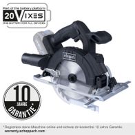 Die Akku-Handkreissäge C-HKS169BE-X von Scheppach ist Teil der 20VIXES Batterieplattform. Sie bietet eine 10-jährige Garantie bei Online-Registrierung. Eine Batterie für alle Geräte.