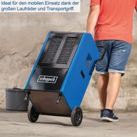 Der Bautrockner DH8000x von Scheppach ist ideal für den mobilen Einsatz dank großer Laufräder und Transportgriff.