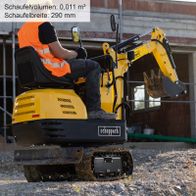 Mini-Bagger mit Schaufelbreite von 290 mm und Schaufelvolumen von 0,011 m³, Kettenantrieb, Scheppach-Modell