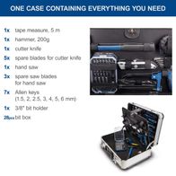 The Scheppach TB150 tool kit contains: 1x tape measure (5 m), 1x hammer (200 g), 1x cutter knife, 5x spare blades, 1x hand saw, 3x spare saw blades, 7x Allen keys (1.5, 2, 2.5, 3, 4, 5, 6 mm), 1x 3/8" bit holder, 28 bit box.