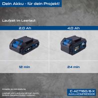 Scheppach Akku-Kompressor mit Laufzeitvergleichen: 2,0 Ah vs. 4,0 Ah Batterien und Laufzeiten von 12 Minuten bzw. 24 Minuten im Leerlauf