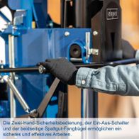 Sicherheitsbedienung mit Zweihandprinzip, Ein-/Ausschalter und beidseitige Spaltgut-Fangbügel für sicheres Arbeiten