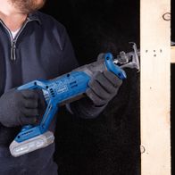 The Scheppach Cordless Reciprocating Saw C-RS100-X features a 20mm stroke length, a cutting depth of 115mm, and a stroke rate of 0-2800 min⁻¹. It includes an LED light.
