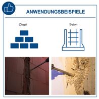 Anwendungsbeispiele des Abbruchhammers AB1500X. Geeignet für Ziegel und Beton. Illustrationen zeigen Einsatz an verschiedenen Oberflächen. Fotos zeigen Abbruchhammer in Aktion an einer roten und einer beigen Wand.