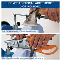 The Scheppach Wet grinding system Tiger 2500 grinds axes up to 170 mm head length and is ideal for straight shears and hedge cutters. Optional accessories are not included.