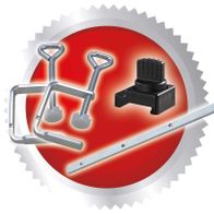 Zubehörpaket Mini Tauchsäge 305 mit verschiedenen Halterungen und Werkzeugen. Gezeigt von der Seite.