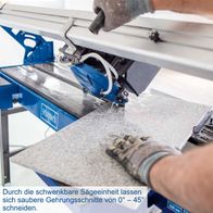 Der Fliesenschneider FS3600 von Scheppach ermöglicht saubere Gehrungsschnitte von 0° bis 45° dank schwenkbarer Sägeeinheit. Ideal für präzises Zuschneiden von Fliesen.
