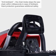The petrol chainsaw PCS56 by Scheppach features an anti-kickback function that stops the saw chain within milliseconds in case of kickback. The hand guard provides additional safety.