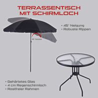 Terrassentisch mit Schirmloch. 45° Neigung, robuste Rippen, gehärtetes Glas, 4 cm Regenschirmloch, rostfreier Rahmen. Der Terrassentisch ist Teil des Balkonsets 6-tlg. PX-BS-1 Practixx von Scheppach.