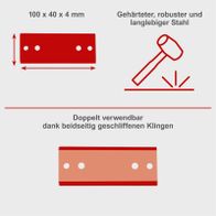 Härtbarer, robuster Stahl mit Maßen 100 x 40 x 4 mm, doppelt verwendbar dank beiderseitig geschliffener Klingen