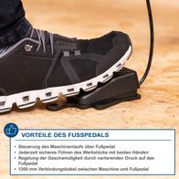 Fußpedal für Dekupiersäge DECO-XLS: Steuerung des Maschinenlaufs über Fußpedal, sicheres Führen des Werkstücks mit beiden Händen, Geschwindigkeitsregelung durch variierenden Druck, 1300 mm langes Verbindungskabel zwischen Maschine und Fußpedal.