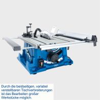 Die Tischkreissäge HS115 von Scheppach verfügt über beidseitige, variable Tischverbreiterungen für die Bearbeitung größerer Werkstücke.