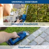 Akku-Gras- und Strauchschere mit 90 mm Schnittbreite und 200 mm Schnittlänge, inklusive Akku und Ladegerät für präzisen Schnitt von Rasenkanten und Hecken