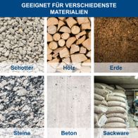 Materialien für verschiedene Anwendungen: Schotter, Holz, Erde, Steine, Beton, Sackware