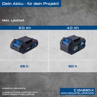 Batterievergleiche für Akku-Laufzeit: 2,0 Ah mit 25 Stunden und 4,0 Ah mit 50 Stunden Laufzeit für Scheppach-Produkte