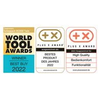Award-Nominierungen und Auszeichnungen für Scheppach HC20SI Twin-Kompressor: World Tool Awards 2022 (Best Buy), Plus X Award für Bestes Produkt des Jahres 2022 und High Quality, Bedienkomfort, Funktionalität