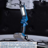 Integrierter Befestigungshaken zum einfachen Aufhängen der Lampe. Ideal für den mobilen Einsatz in der Werkstatt, beim Camping oder im Kfz.