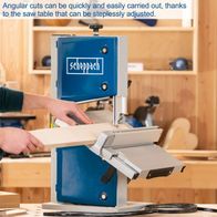 The Bandsaw HBS30 by Scheppach allows quick and easy angular cuts thanks to the steplessly adjustable saw table.